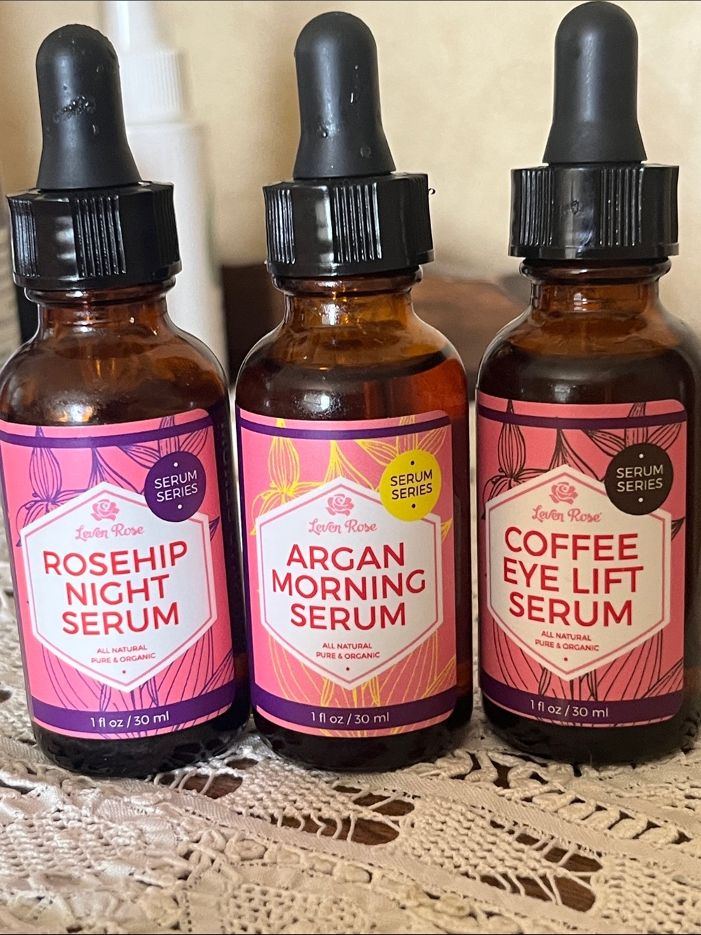 Leven Rose Serum Bundle All Natural Pure Organic Includes Morning/Night/Eye